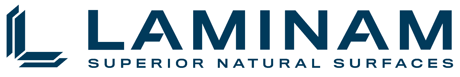 Logo von LAMINAM mit stilisiertem „L“-Symbol und dem Slogan „SUPERIOR NATURAL SURFACES“.